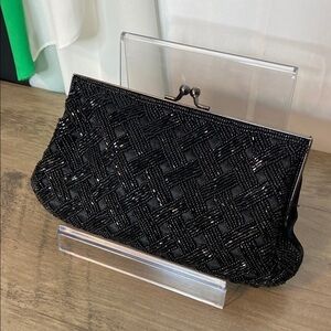 Vintage Black Beaded Clutch - East West - Crossbody strap